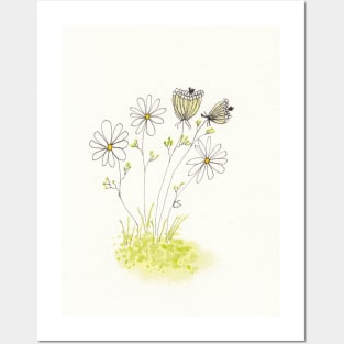 Queen Anne's Lace and Daisies in Pen Ink and Watercolor Posters and Art